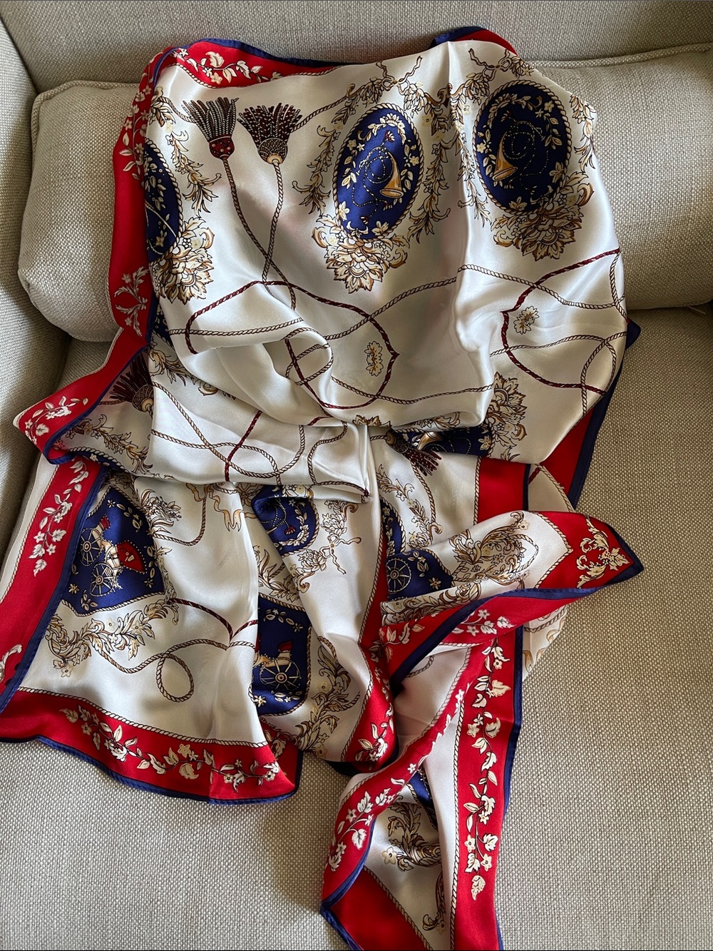 100% Italian Silk Cream Scarf with Blue Medallions & Red Border